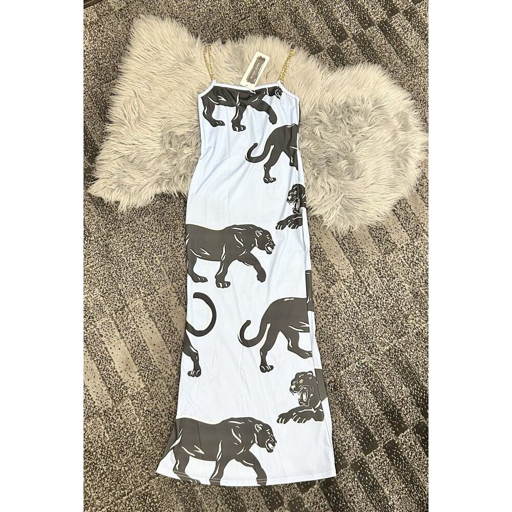 Baby Blue Black Panther Printed Dress By Blush Mark In Size XS W/Gold‎ Straps